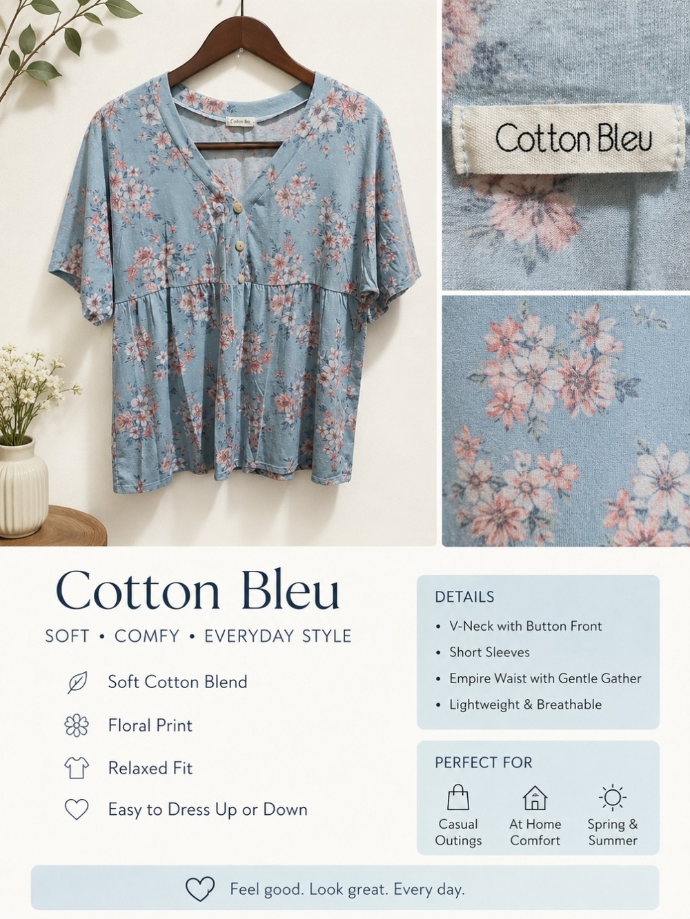 Blue Floral V-Neck Button Front Top
